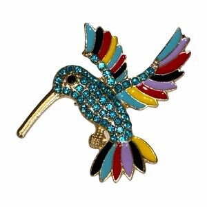 Hummingbird Enamel & Teal Rhinestone Brooch Pin